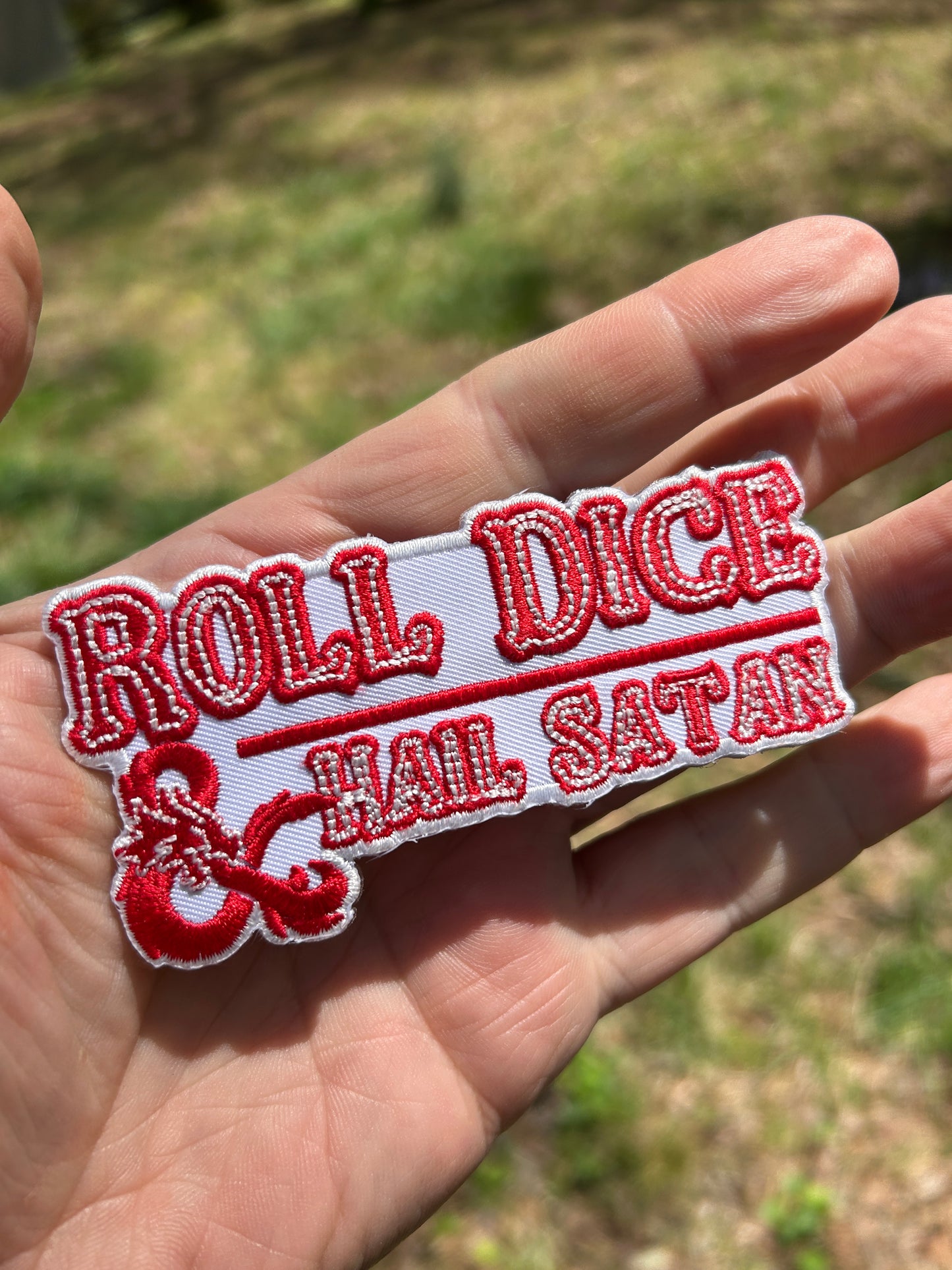 Roll Dice & Hail Satan satanic panic rpg iron on patch